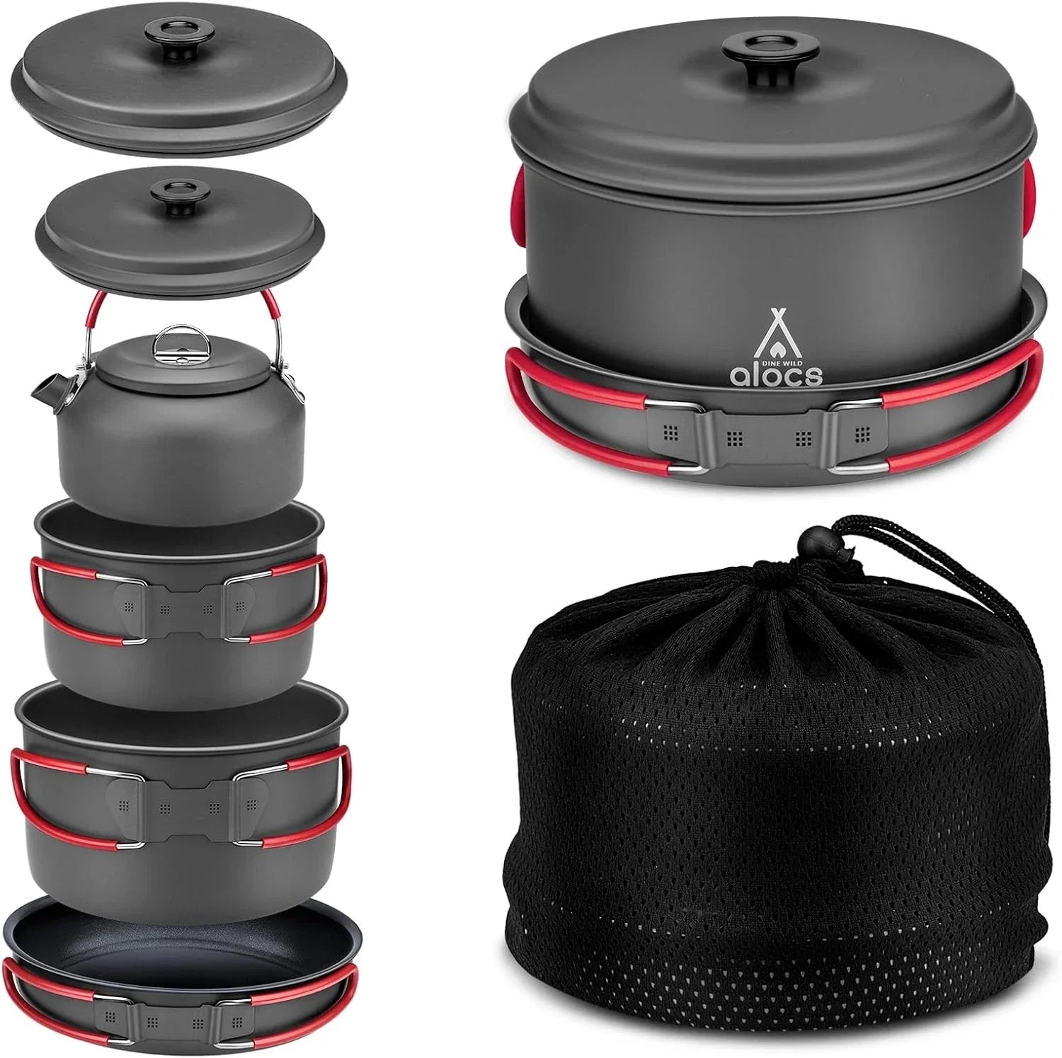 Camping Cookware Set – Compact Hard Alumina Pots & Pans w/ Carry Bag