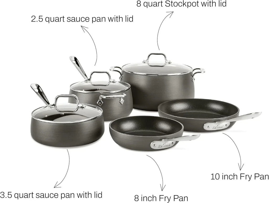 All-Clad HA1 Hard Anodized Nonstick Cookware, 10 PC Set Oven Safe 500F- Lid
