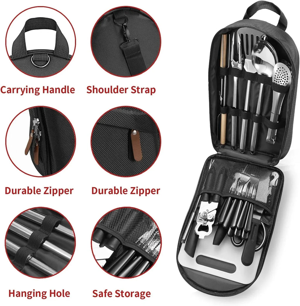27-Pc Portable Camping Kitchen Utensil Set, Stainless Steel Cookware & Organizer